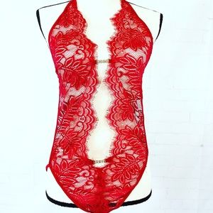 Womens Red Lace Nightware Lingerie V Neck Babydoll
